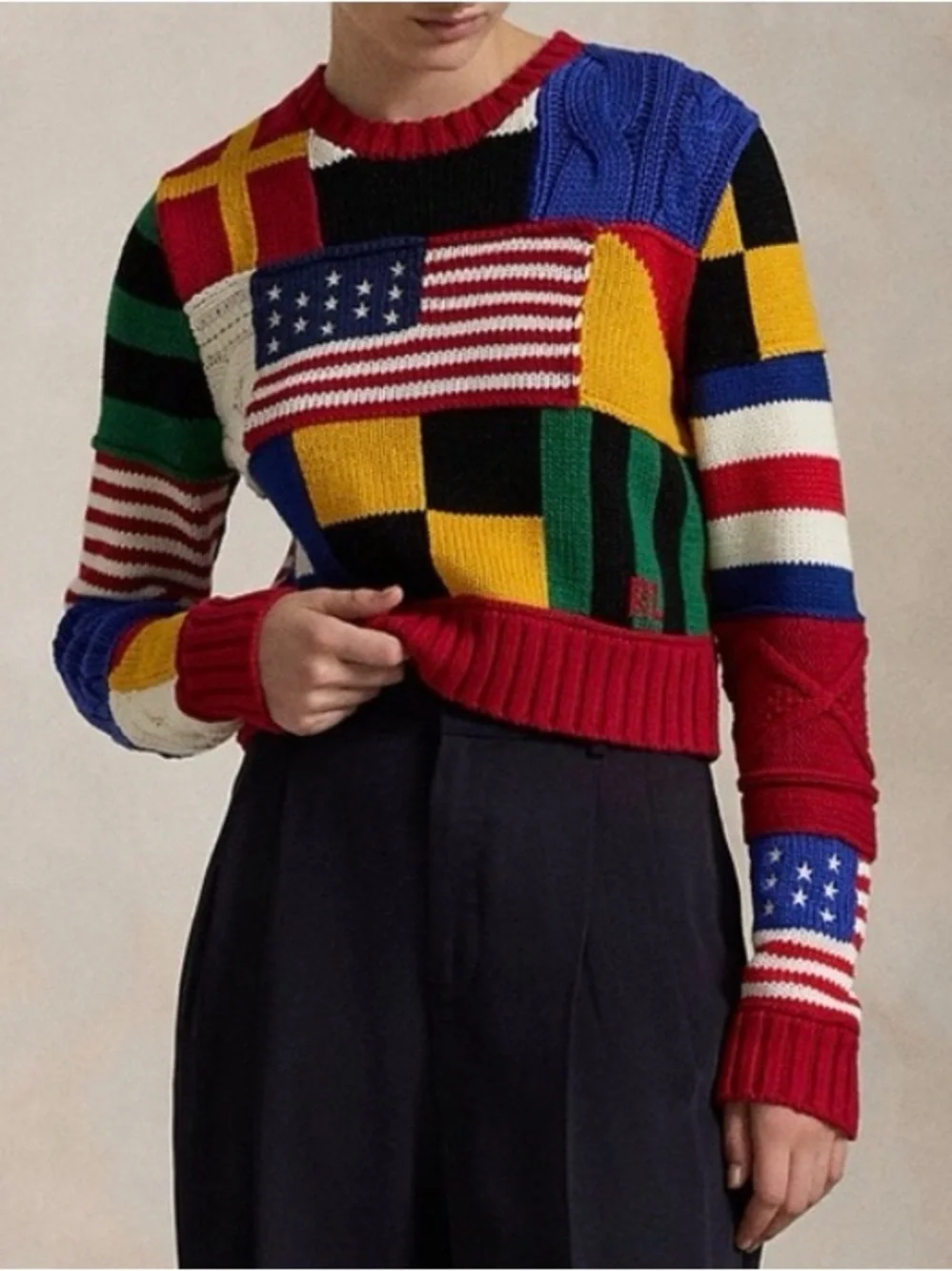 NWT Polo Ralph Lauren Flag Multicolor Patchwork Sweater Knit New - Picture 2 of 5